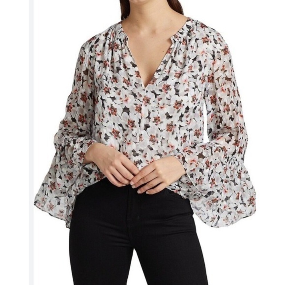 TANYA TAYLOR $345‎ Harper Floral Lined Silk Blend Bell Blouse Top Size Small